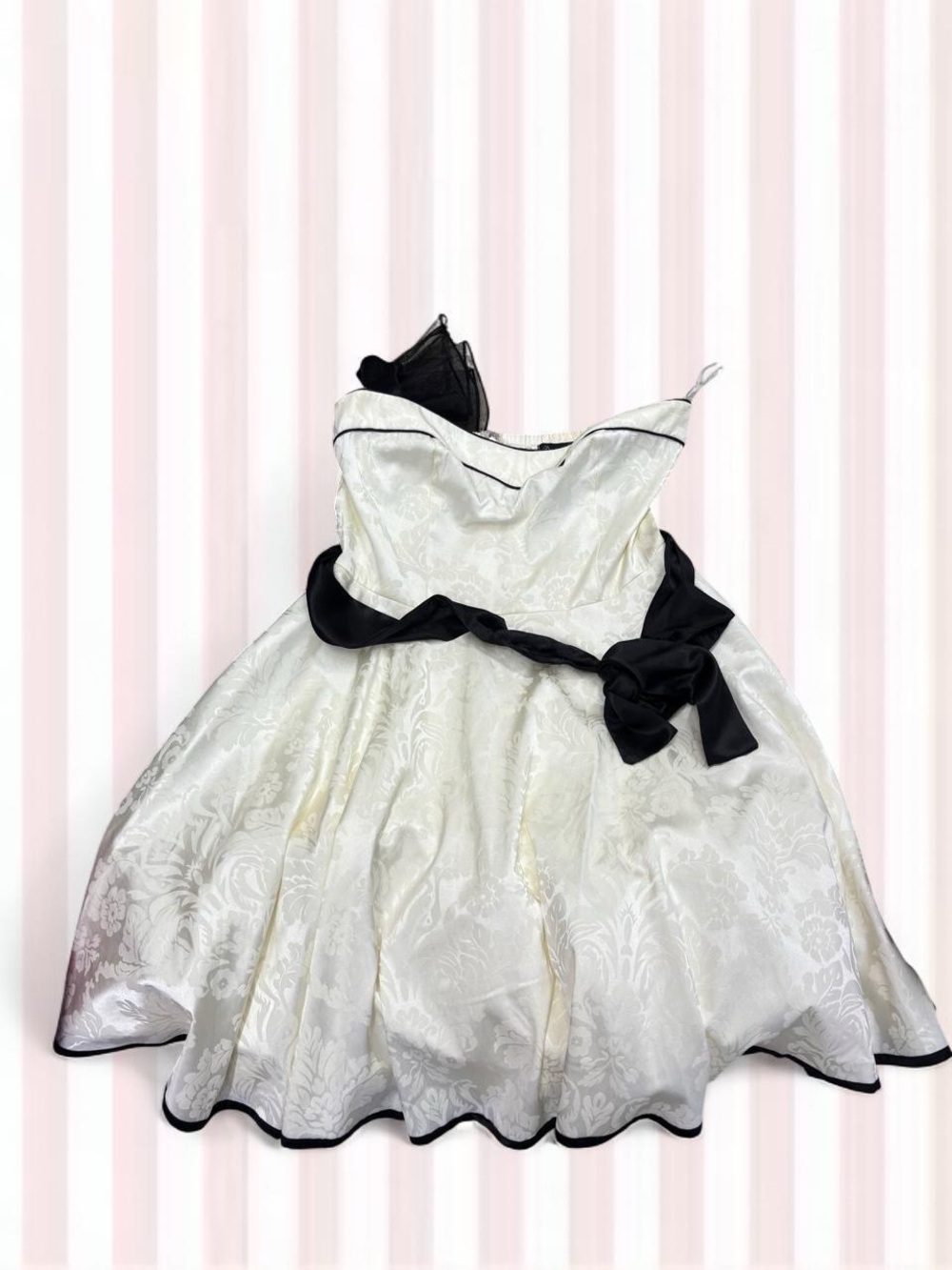 Classic White Floral Satin Mini Dress with Black Trim and Bow